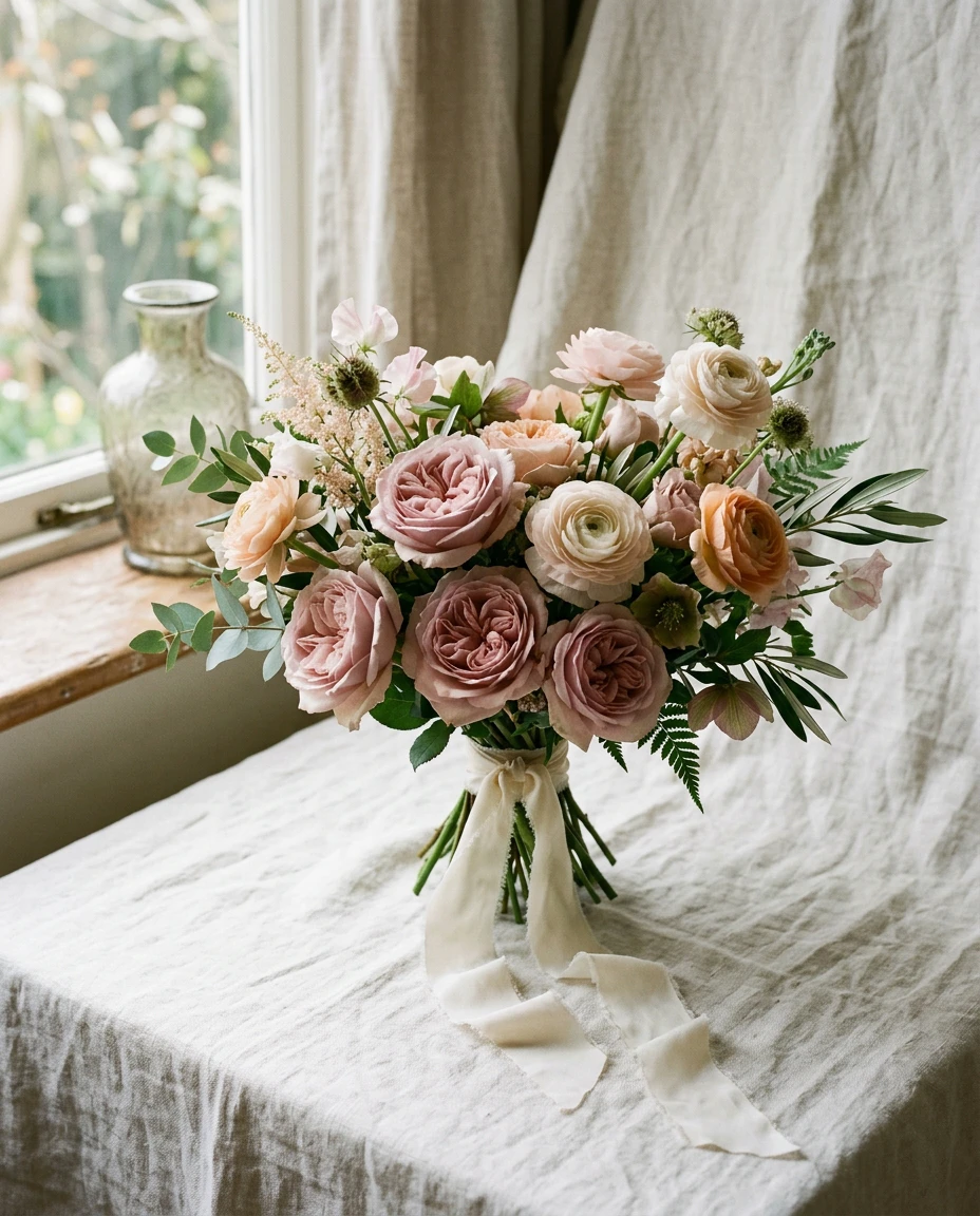 A garden rose and ranunculus bouquet wrapped in silk ribbon on linen
