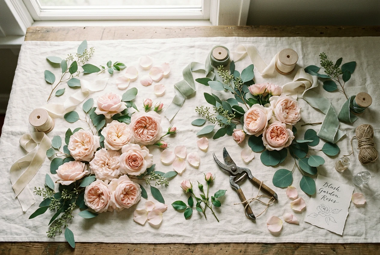 Overhead flat-lay of loose garden roses, eucalyptus, ribbon and shears on linen