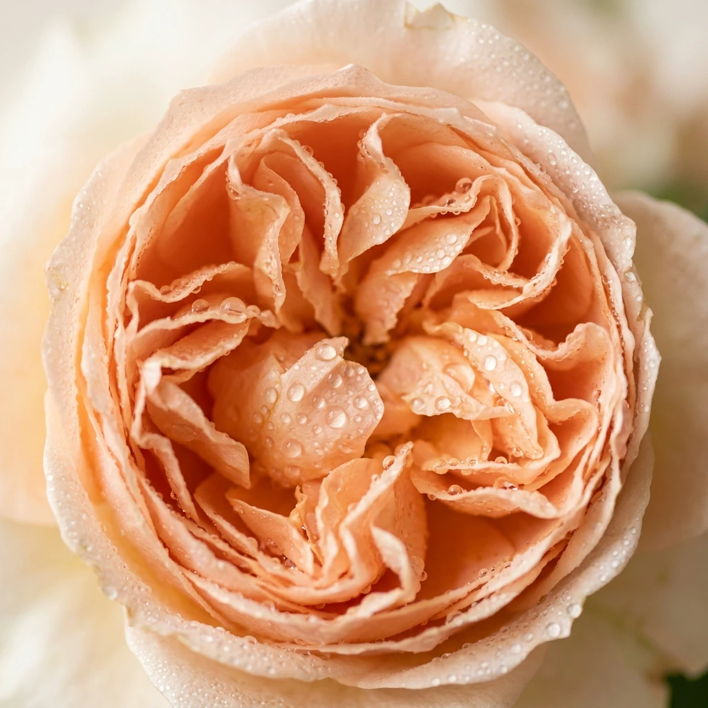Macro close-up of dew on the petals of a peach garden rose