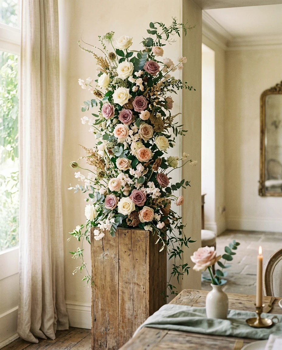 A tall ivory and mauve floral installation on a wooden plinth