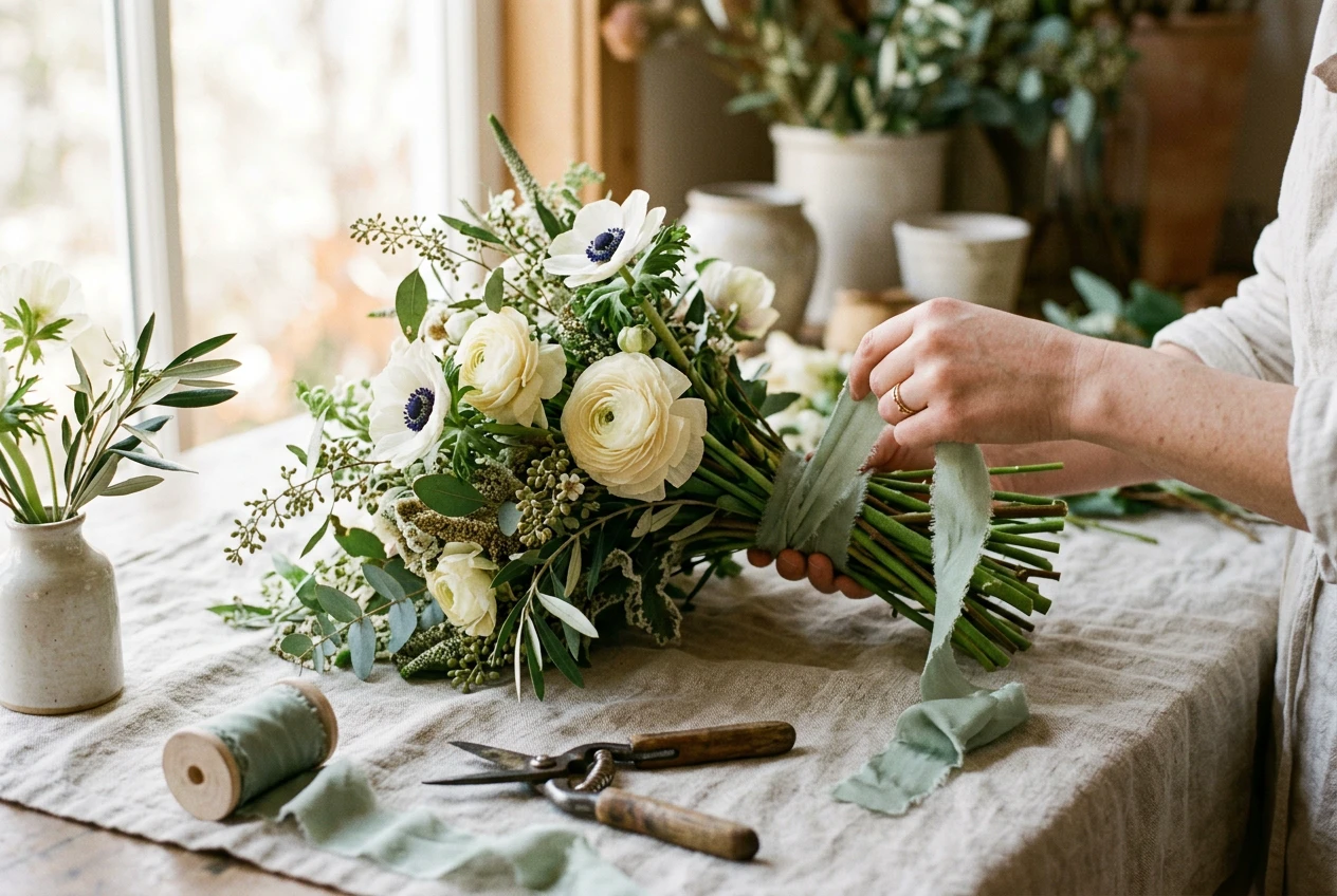 A hand wrapping a bouquet of ranunculus and anemones with silk ribbon