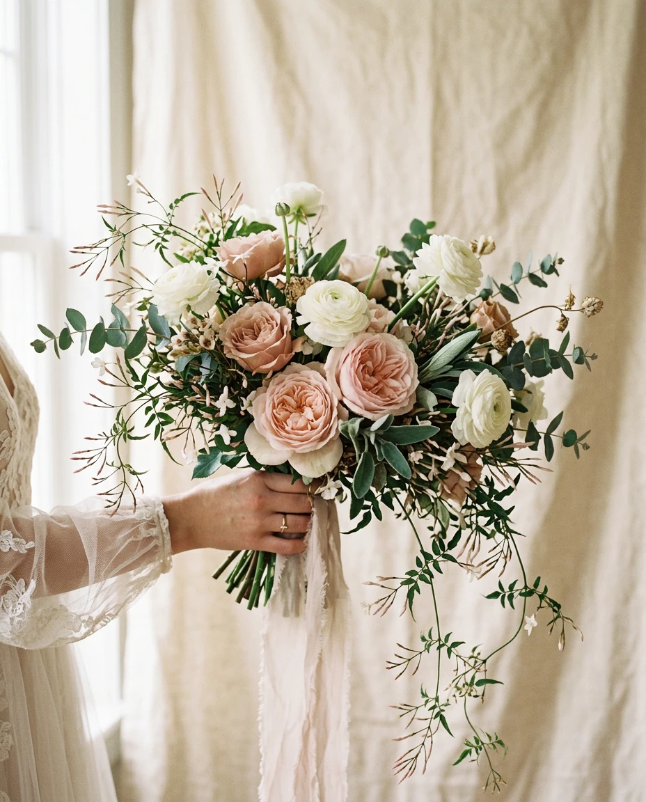 A romantic bridal bouquet of blush garden roses and trailing jasmine