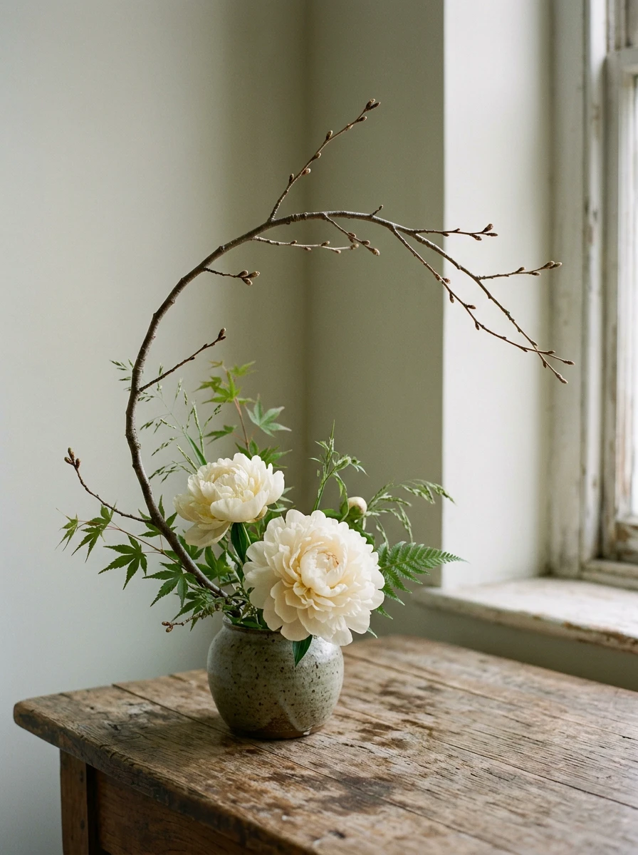 An asymmetrical ikebana-inspired arrangement with a single curving branch and cream peonies