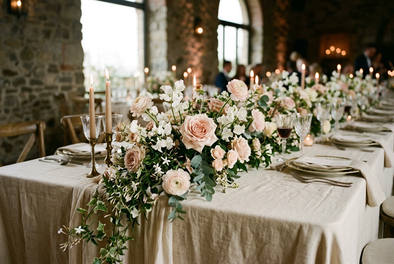 A long banquet table runner of low garden florals with soft candlelight