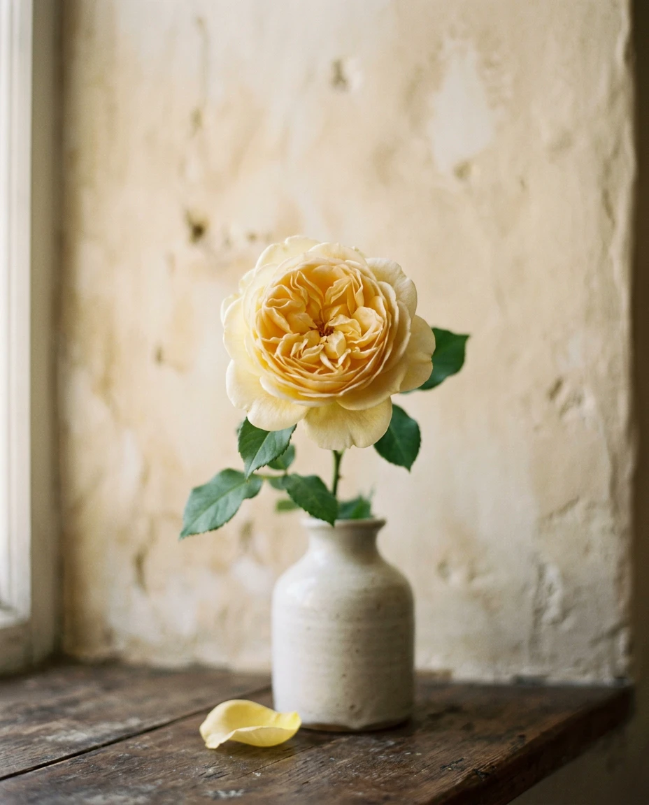 A single butter-yellow garden rose with one fallen petal