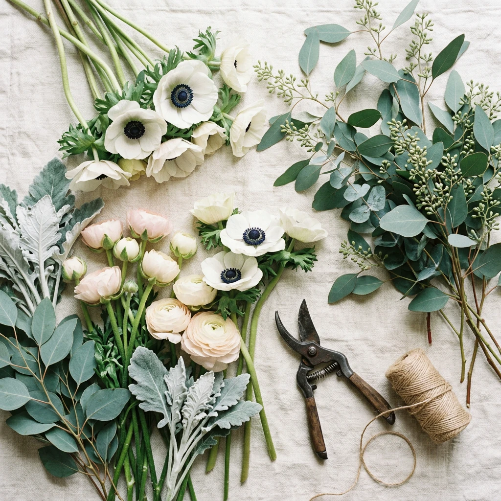 Overhead flat-lay of loose anemones, ranunculus and eucalyptus with shears and twine