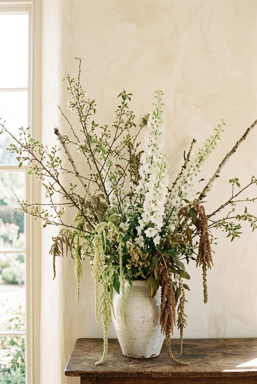 A tall airy arrangement of branches, white delphinium and trailing amaranthus in a ceramic urn