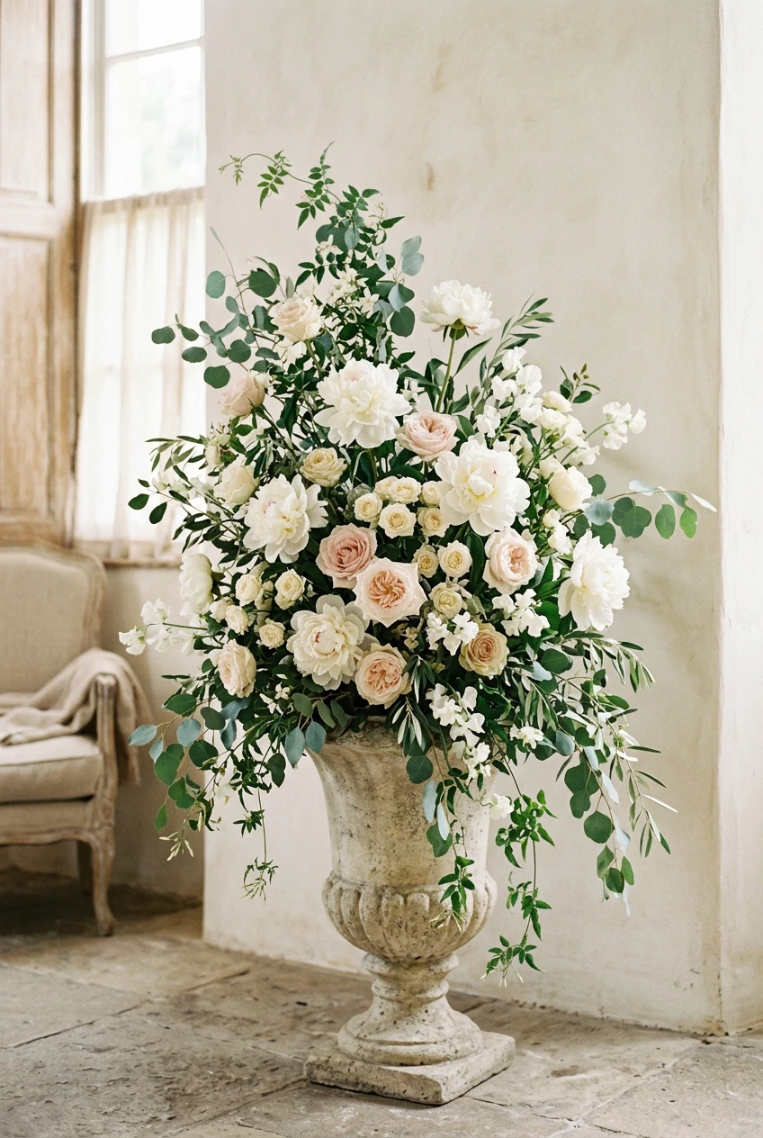 A tall white peony and eucalyptus arrangement in a stone urn