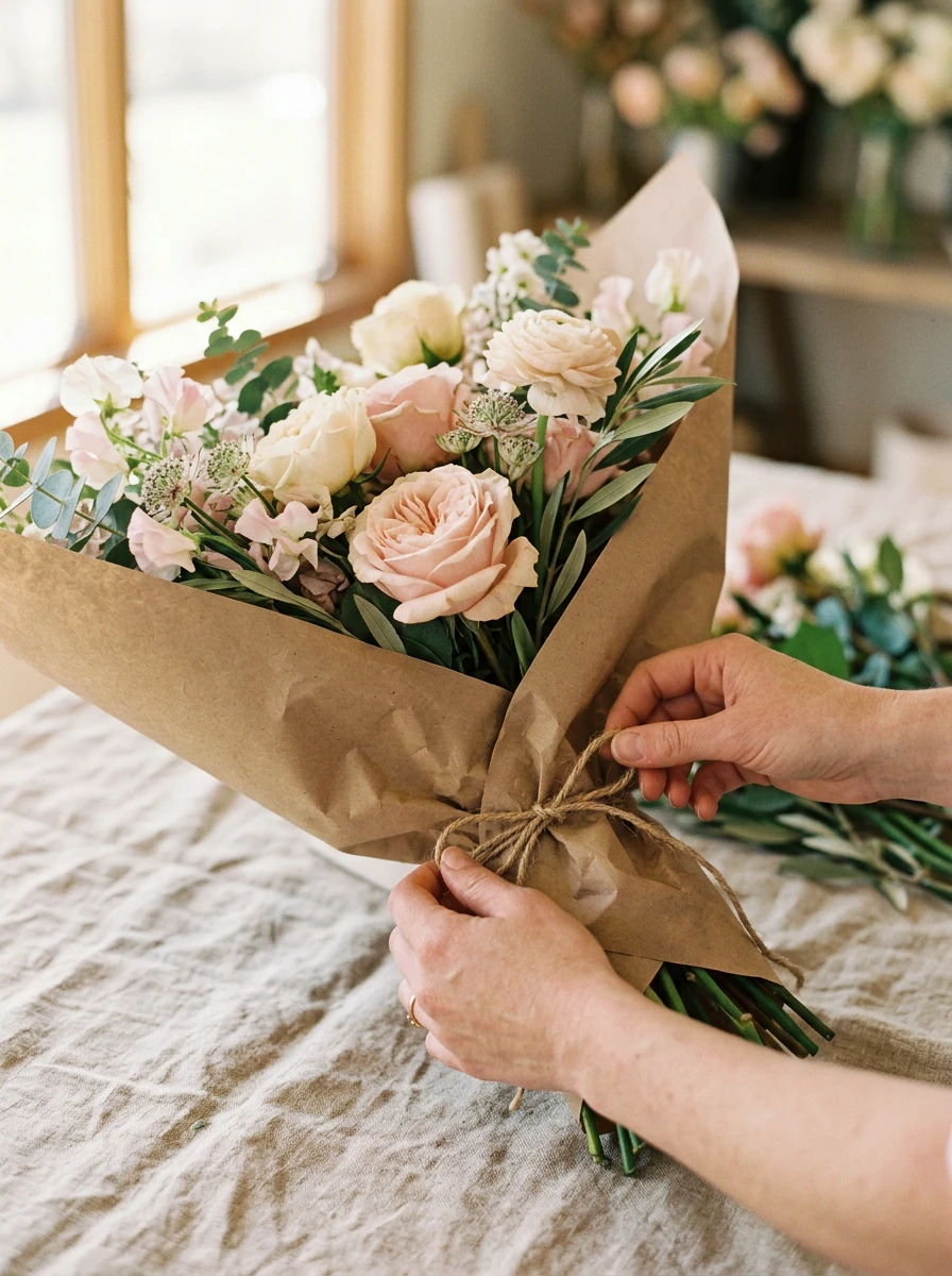 A hand tying twine around a wrapped bouquet in brown craft paper