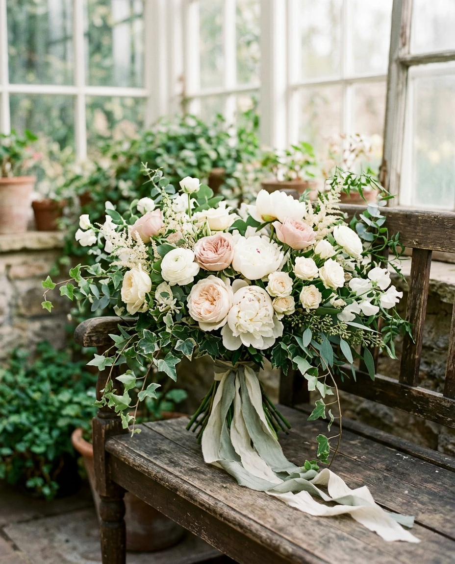 A lush bridal bouquet of peonies and trailing ivy on a vintage wooden bench
