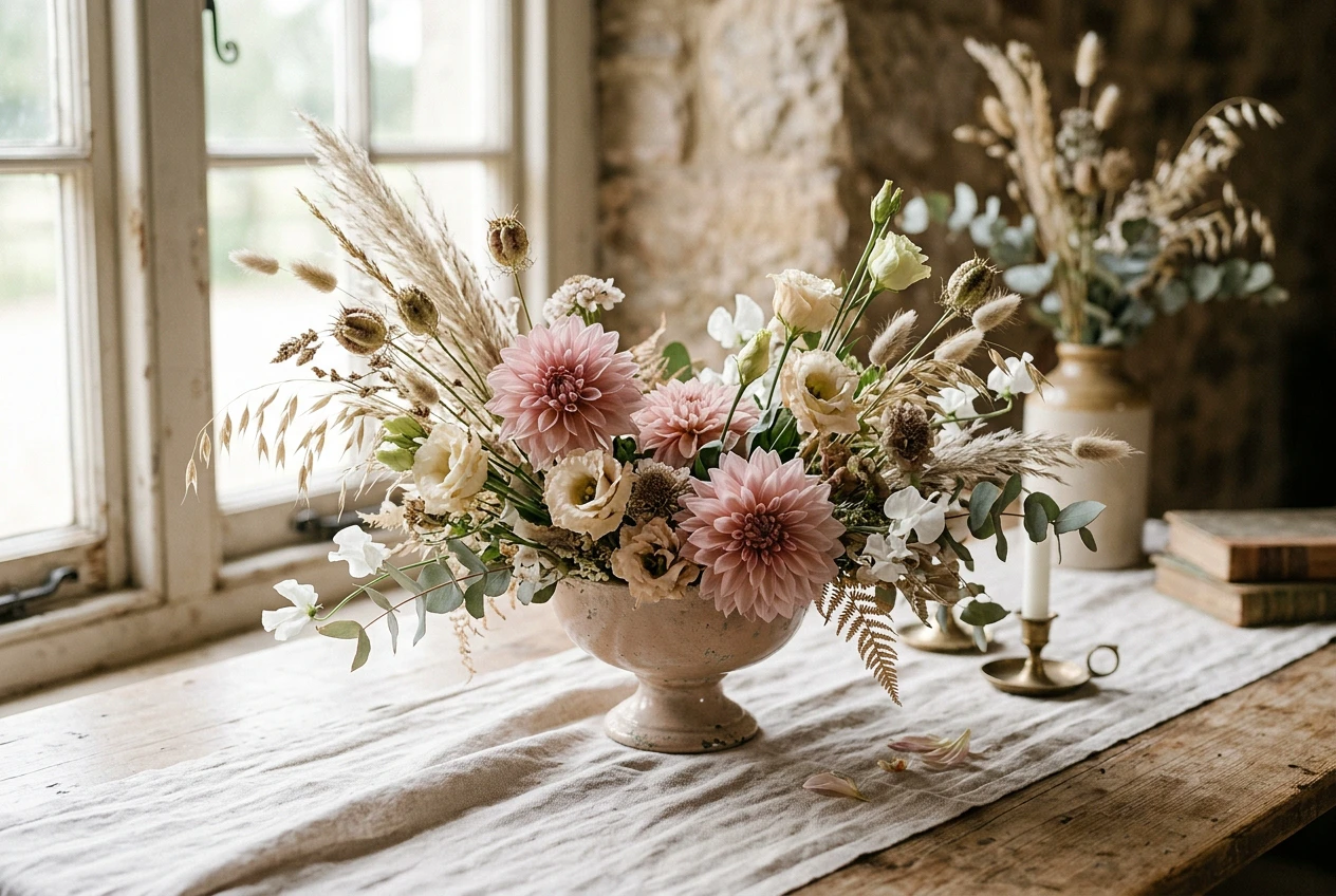 A low compote arrangement of dahlias, lisianthus and dried grasses on linen
