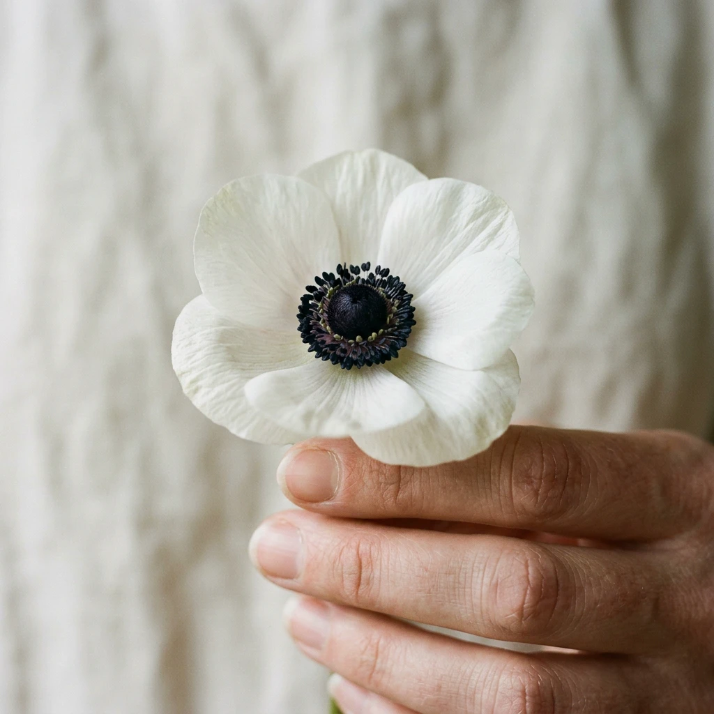 A single white anemone held gently between two fingers