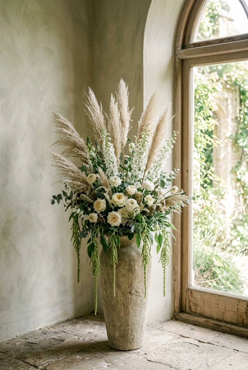 A tall ceremony arrangement of pampas, delphinium and amaranthus beside a window