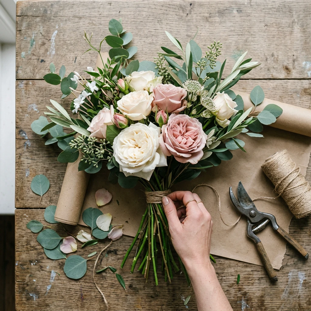 Overhead flat-lay of a half-completed bouquet with twine, paper and shears
