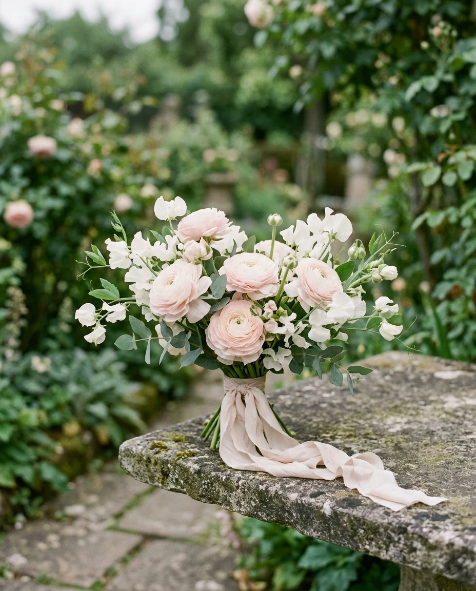 Ranunculus and sweet peas tied with silk ribbon on a stone garden table