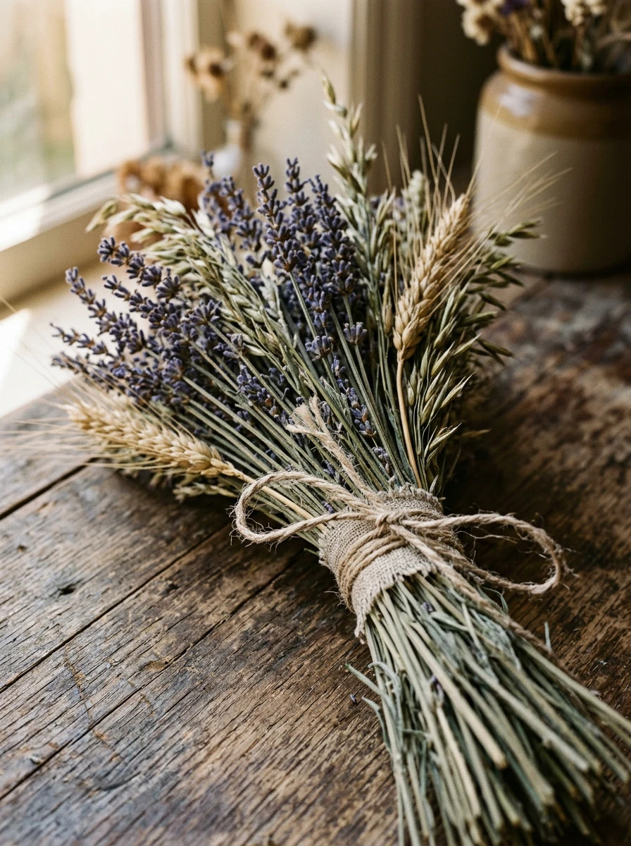 A close-up of dried lavender and wheat bundled with linen string