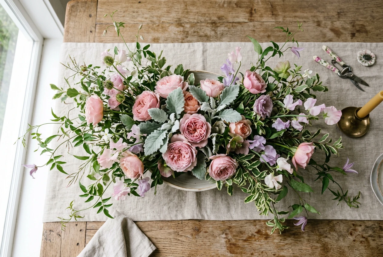 Overhead flat-lay of a low garden rose centerpiece on a linen runner