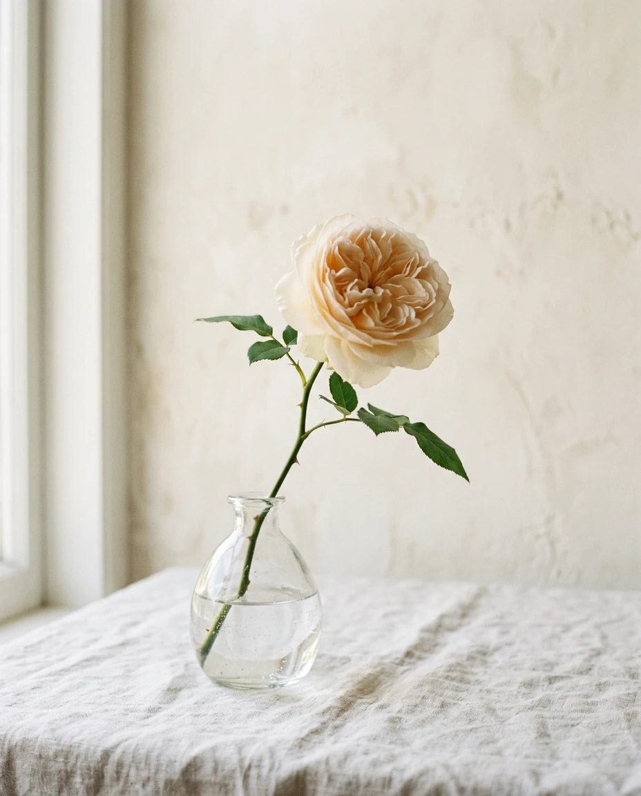 A single cream garden rose in a glass bud vase