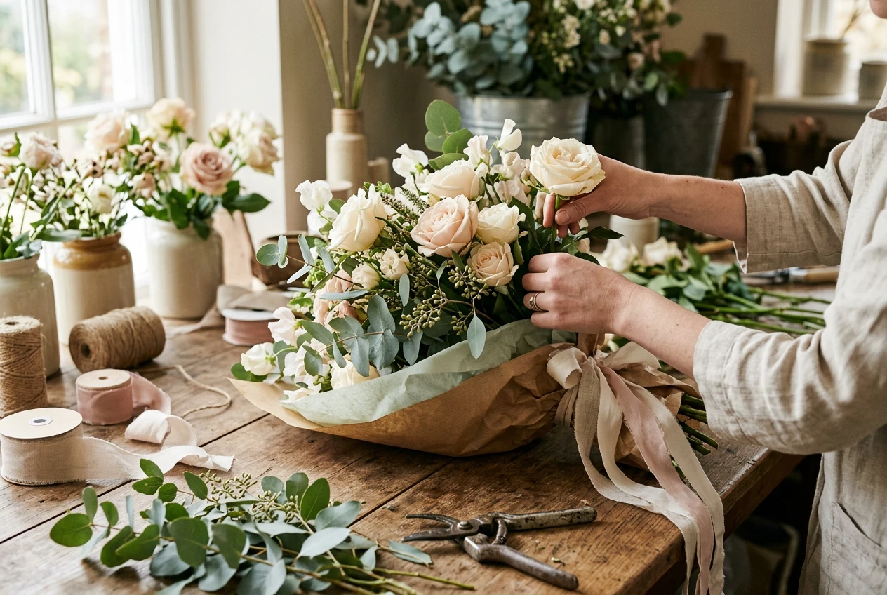A florist arranging cream and blush roses on a wooden worktable
