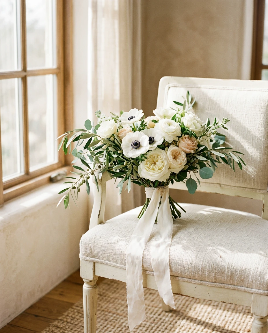 A bridal bouquet of anemones and garden roses on a linen chair