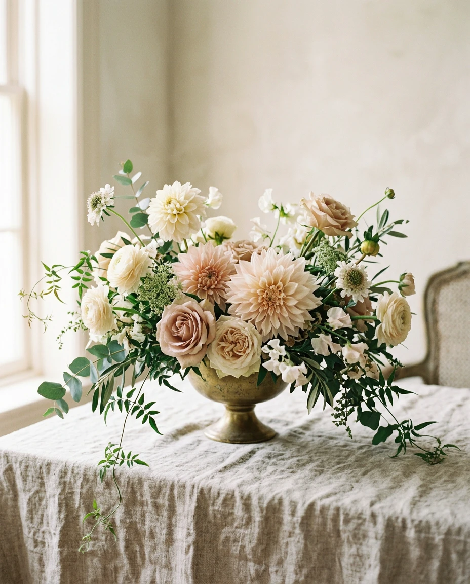 A blush and cream dahlia and rose centerpiece in a low compote vase