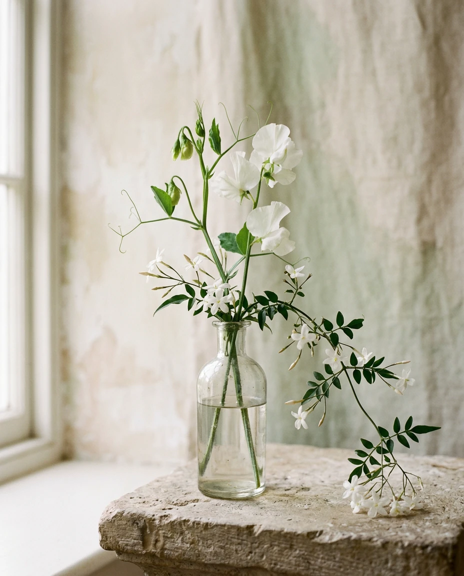 A single stem of white sweet pea and trailing jasmine in a glass bud vase
