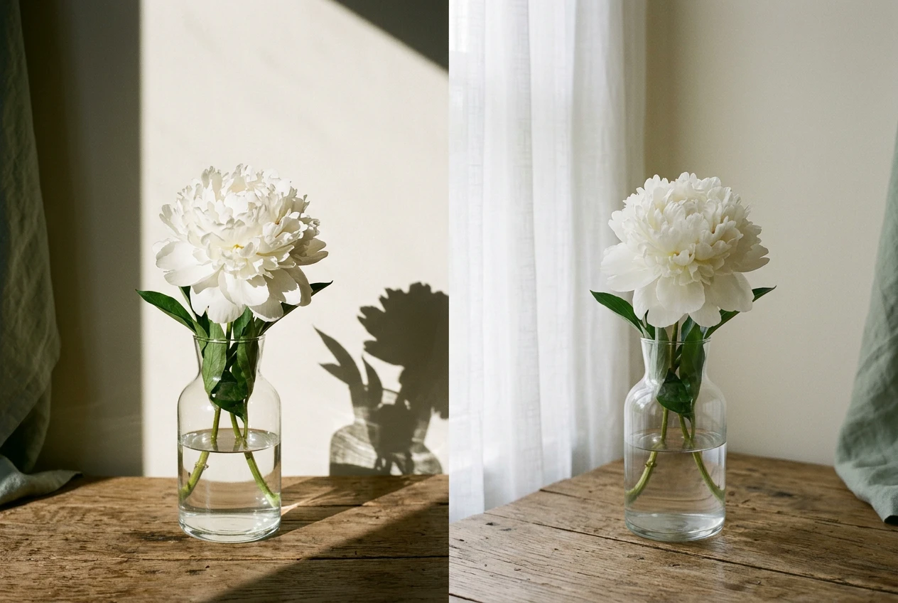 A pale floral arrangement lit by soft, diffused window light through a sheer curtain.
