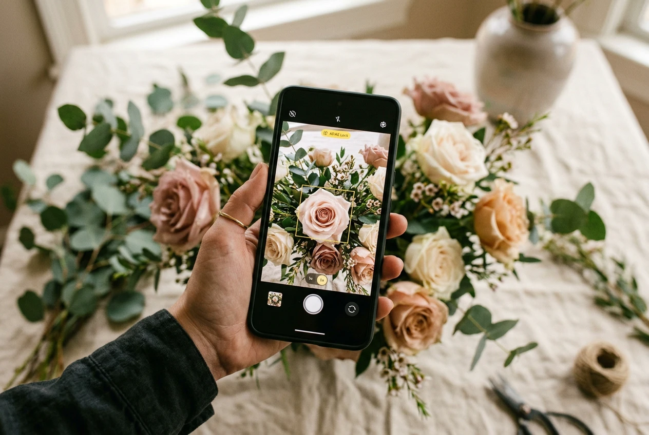 A smartphone camera focused on a soft floral arrangement.