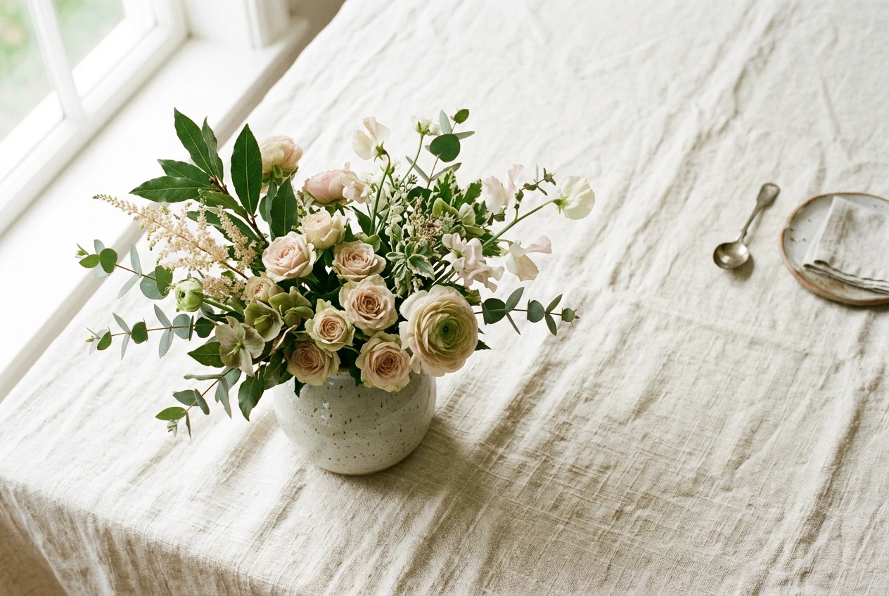 A delicate floral arrangement composed off-centre on a soft linen surface.