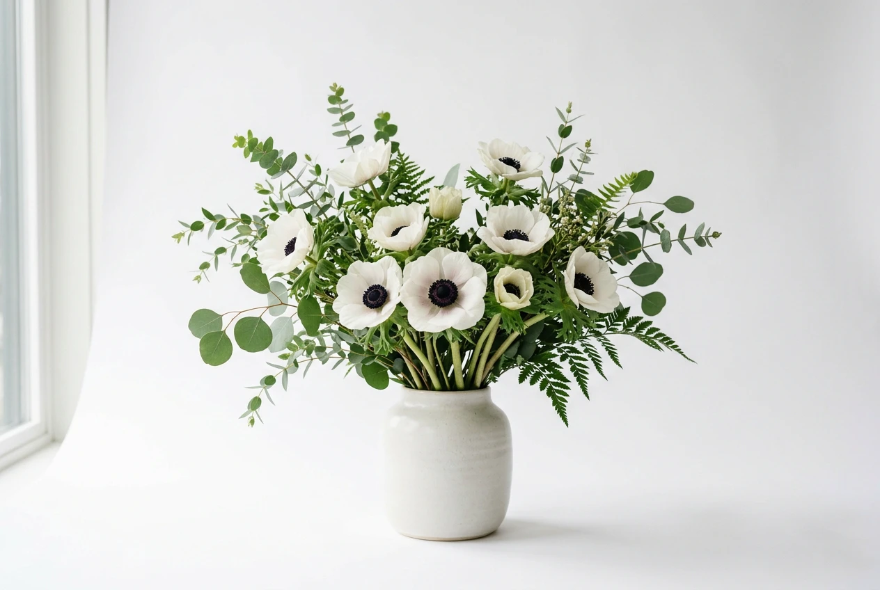 A single vase of white anemones styled cleanly against a pure white backdrop.